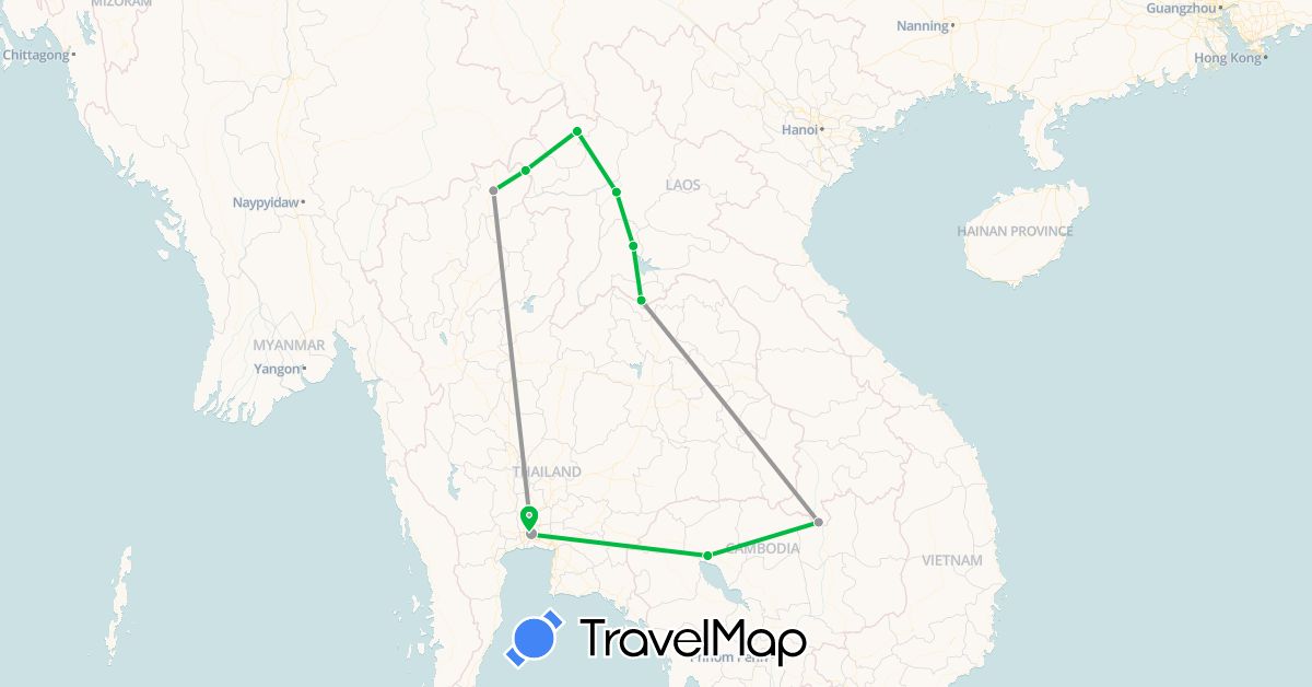 TravelMap itinerary: bus, plane in Cambodia, Laos, Thailand (Asia)